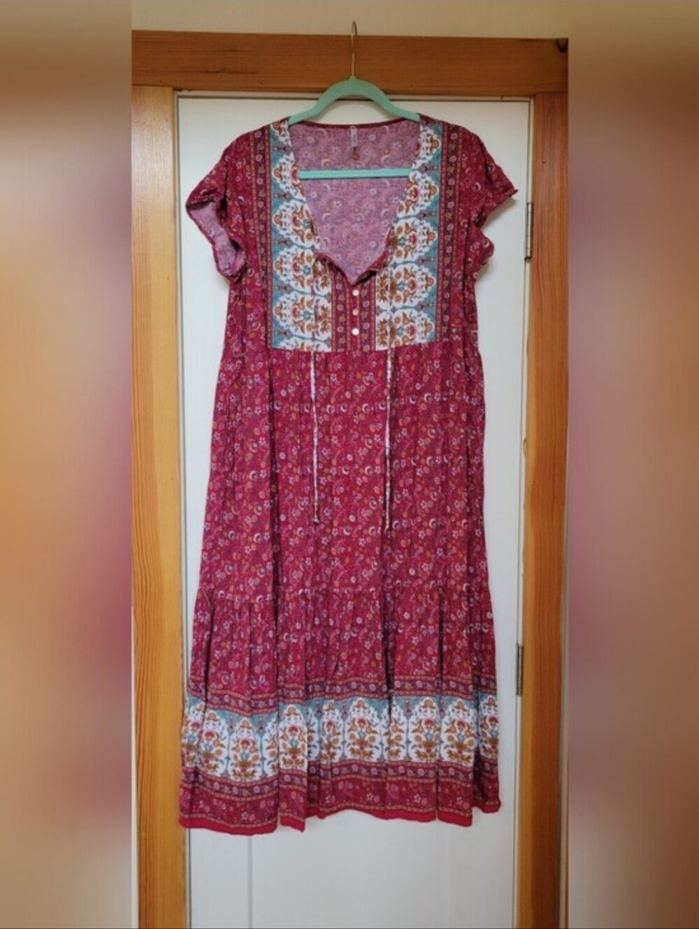 Boho Inspired Pink Floral Tiered Midi Dress-Blue Sky